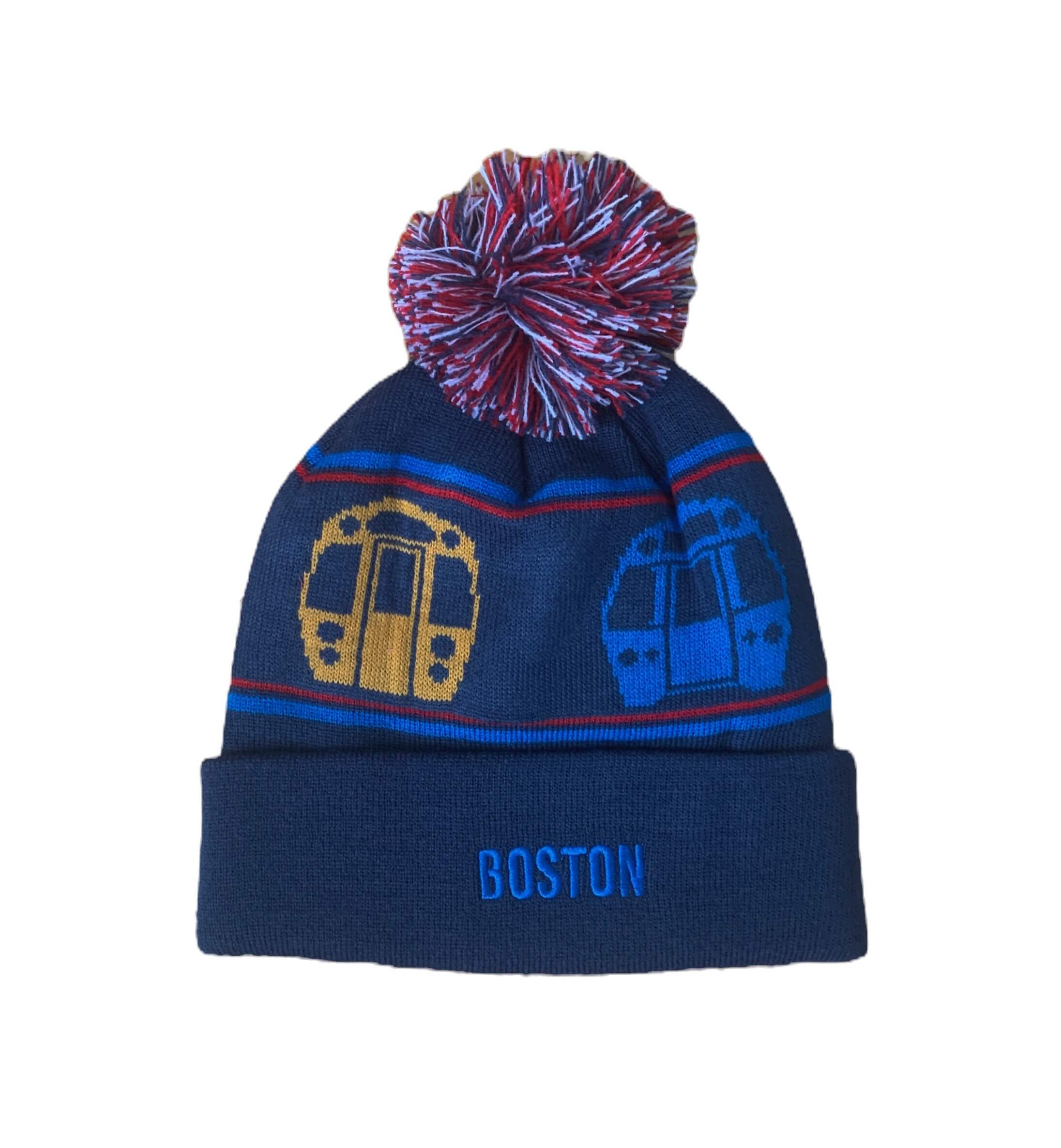 navy blue adult size pom pom hat with MBTA trains and embroidered Boston text